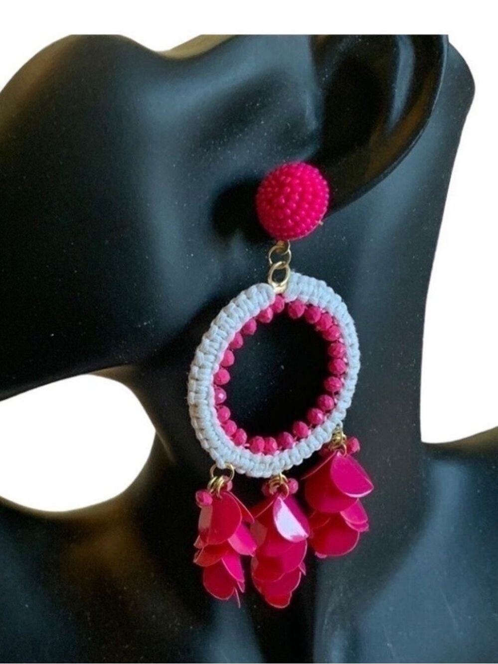 Natasha Hot Pink and White Beaded Drop Pierced Earrings Hoops with Stud Back